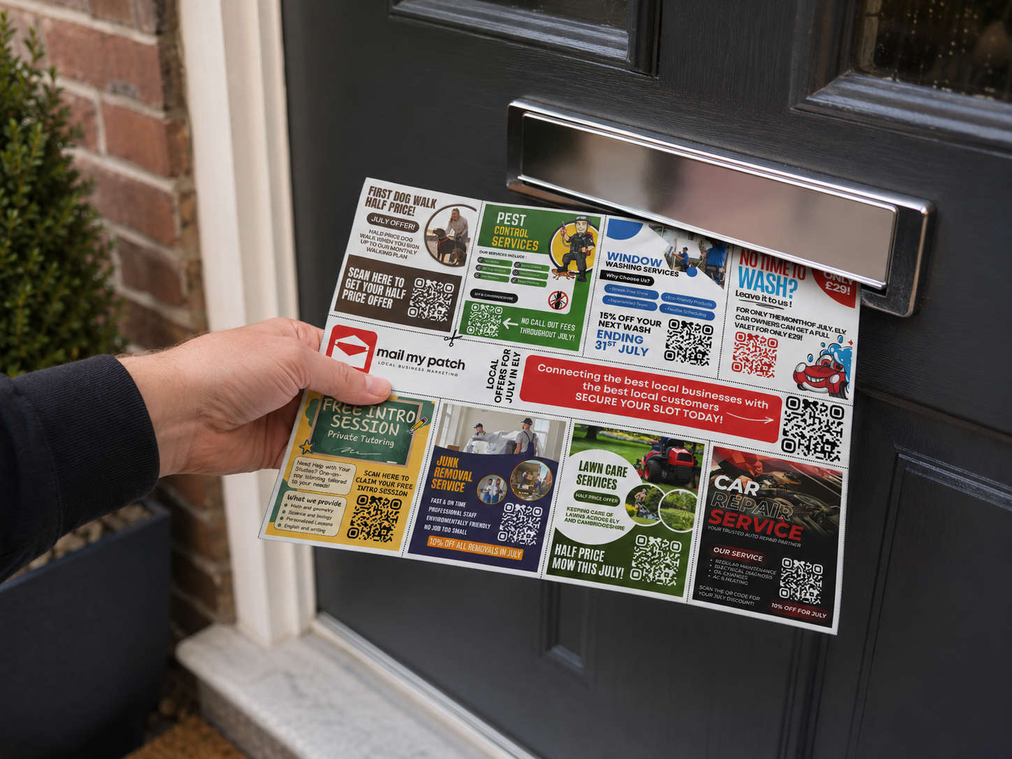 Mail My Patch shared local flyer being delivered through an Ely letterbox — 16 local businesses on one A4 sheet